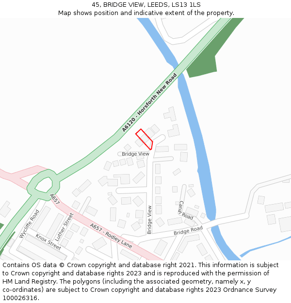45, BRIDGE VIEW, LEEDS, LS13 1LS: Location map and indicative extent of plot