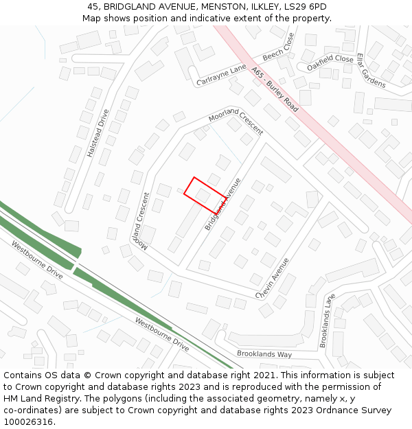 45, BRIDGLAND AVENUE, MENSTON, ILKLEY, LS29 6PD: Location map and indicative extent of plot
