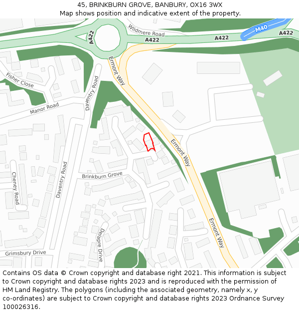 45, BRINKBURN GROVE, BANBURY, OX16 3WX: Location map and indicative extent of plot
