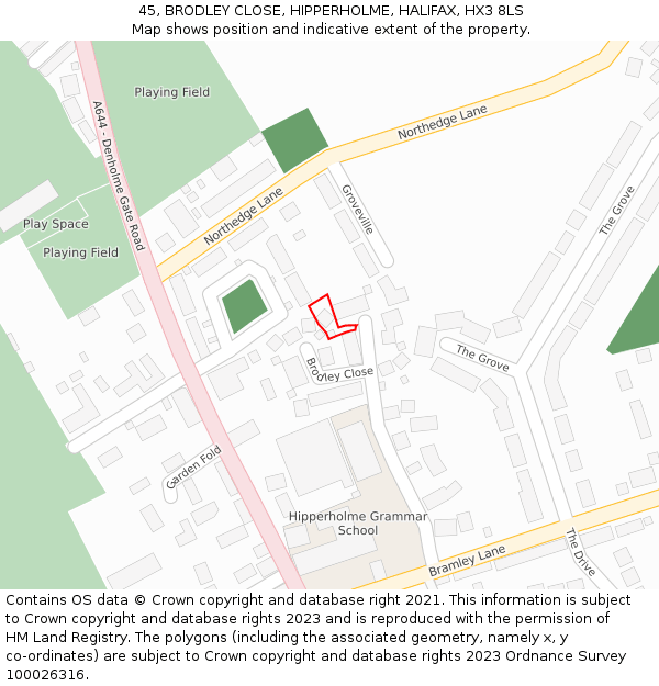 45, BRODLEY CLOSE, HIPPERHOLME, HALIFAX, HX3 8LS: Location map and indicative extent of plot