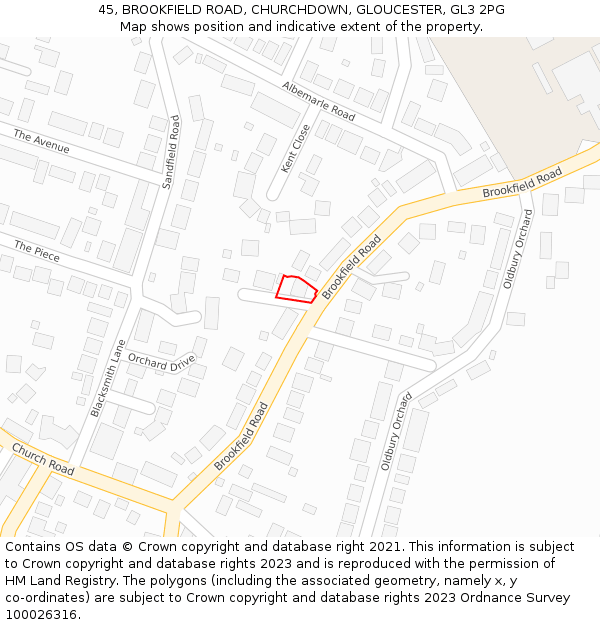 45, BROOKFIELD ROAD, CHURCHDOWN, GLOUCESTER, GL3 2PG: Location map and indicative extent of plot