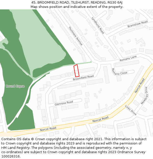 45, BROOMFIELD ROAD, TILEHURST, READING, RG30 6AJ: Location map and indicative extent of plot