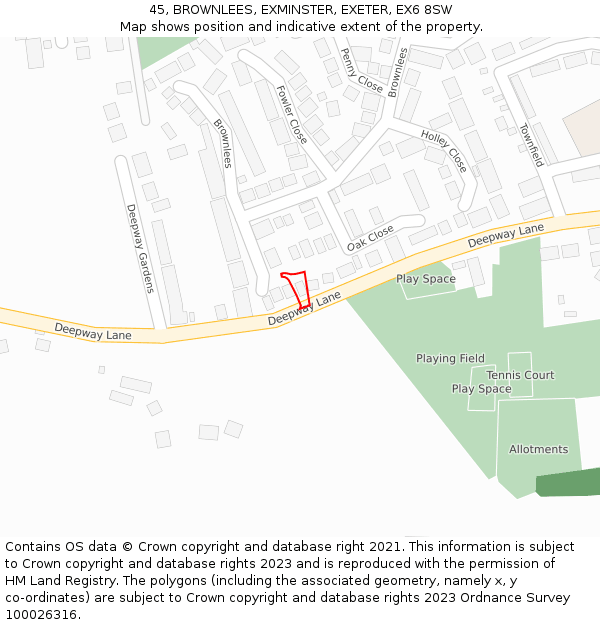 45, BROWNLEES, EXMINSTER, EXETER, EX6 8SW: Location map and indicative extent of plot
