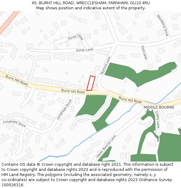 45, BURNT HILL ROAD, WRECCLESHAM, FARNHAM, GU10 4RU: Location map and indicative extent of plot