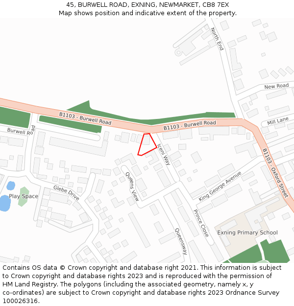 45, BURWELL ROAD, EXNING, NEWMARKET, CB8 7EX: Location map and indicative extent of plot