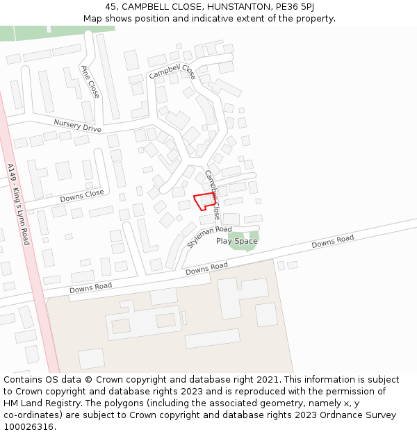 45, CAMPBELL CLOSE, HUNSTANTON, PE36 5PJ: Location map and indicative extent of plot