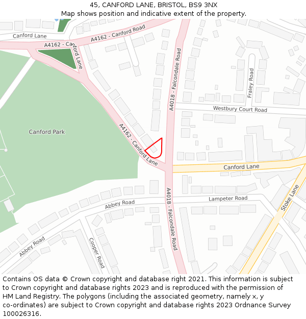 45, CANFORD LANE, BRISTOL, BS9 3NX: Location map and indicative extent of plot