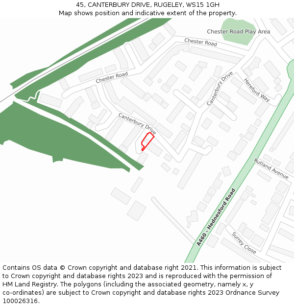45, CANTERBURY DRIVE, RUGELEY, WS15 1GH: Location map and indicative extent of plot