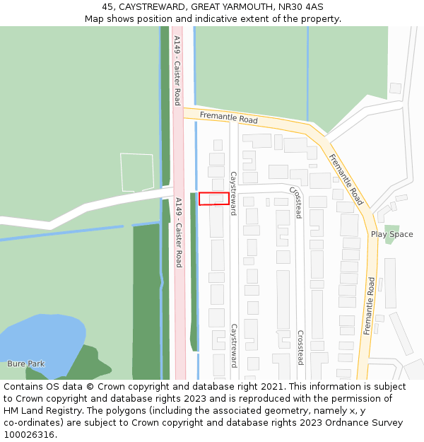 45, CAYSTREWARD, GREAT YARMOUTH, NR30 4AS: Location map and indicative extent of plot