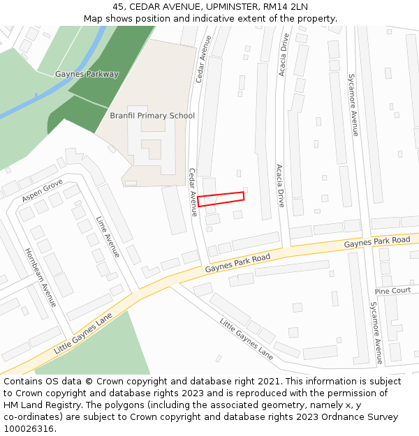 45, CEDAR AVENUE, UPMINSTER, RM14 2LN: Location map and indicative extent of plot