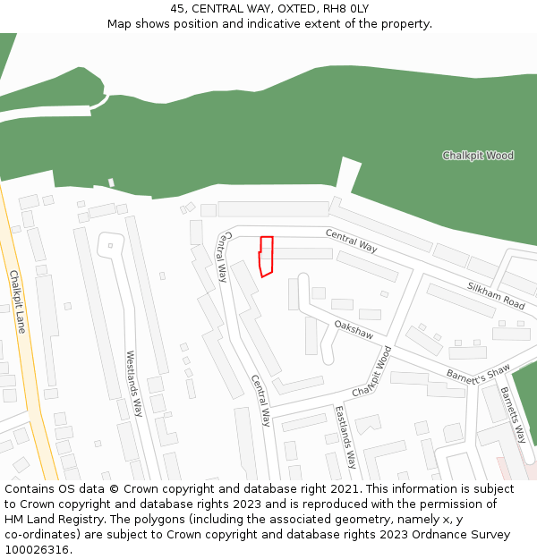 45, CENTRAL WAY, OXTED, RH8 0LY: Location map and indicative extent of plot