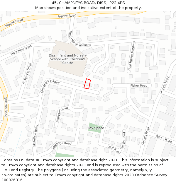 45, CHAMPNEYS ROAD, DISS, IP22 4PS: Location map and indicative extent of plot
