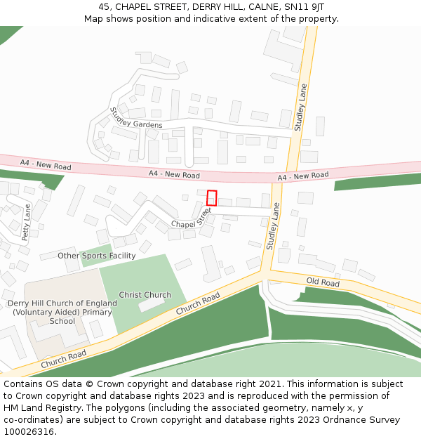 45, CHAPEL STREET, DERRY HILL, CALNE, SN11 9JT: Location map and indicative extent of plot