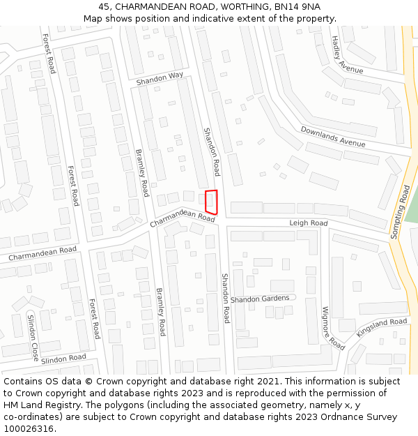45, CHARMANDEAN ROAD, WORTHING, BN14 9NA: Location map and indicative extent of plot