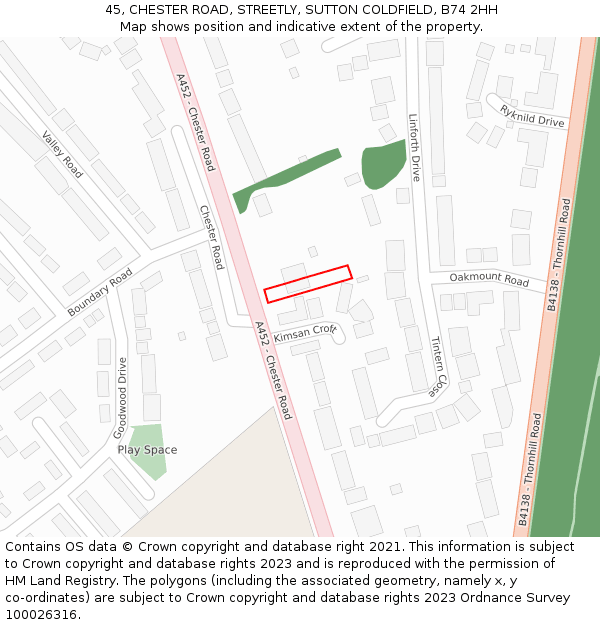 45, CHESTER ROAD, STREETLY, SUTTON COLDFIELD, B74 2HH: Location map and indicative extent of plot