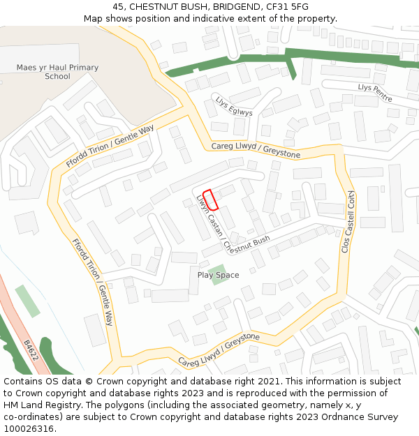 45, CHESTNUT BUSH, BRIDGEND, CF31 5FG: Location map and indicative extent of plot