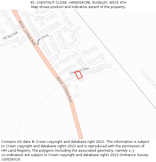 45, CHESTNUT CLOSE, HANDSACRE, RUGELEY, WS15 4TH: Location map and indicative extent of plot