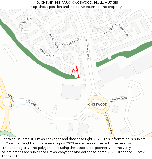 45, CHEVENING PARK, KINGSWOOD, HULL, HU7 3JS: Location map and indicative extent of plot