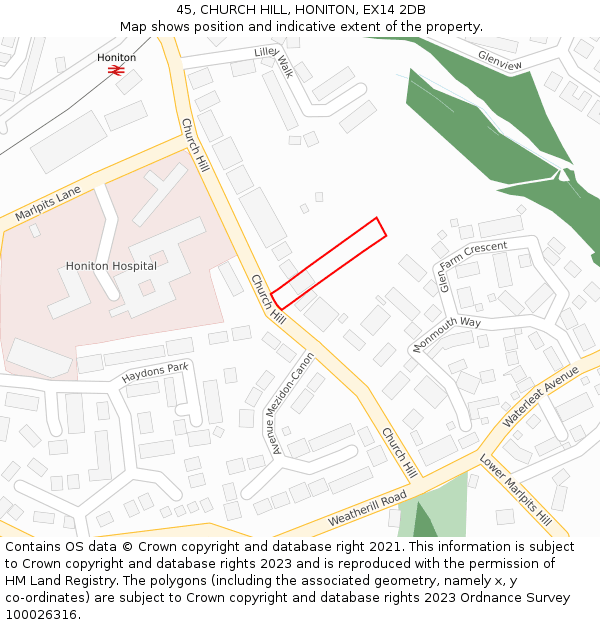 45, CHURCH HILL, HONITON, EX14 2DB: Location map and indicative extent of plot