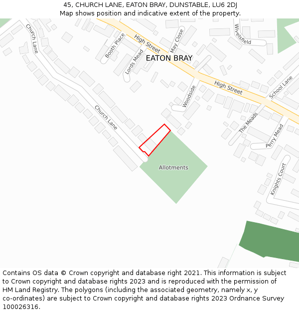 45, CHURCH LANE, EATON BRAY, DUNSTABLE, LU6 2DJ: Location map and indicative extent of plot
