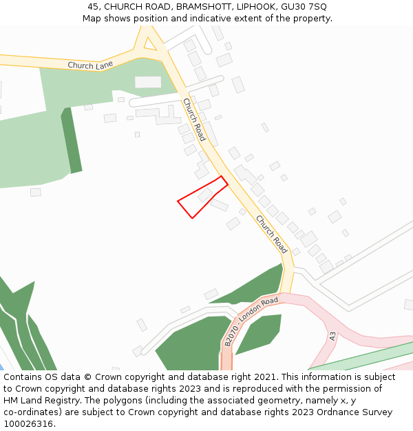 45, CHURCH ROAD, BRAMSHOTT, LIPHOOK, GU30 7SQ: Location map and indicative extent of plot