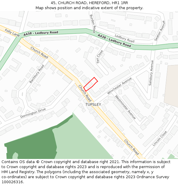 45, CHURCH ROAD, HEREFORD, HR1 1RR: Location map and indicative extent of plot