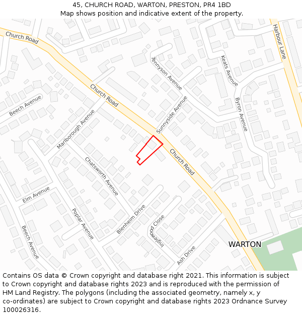 45, CHURCH ROAD, WARTON, PRESTON, PR4 1BD: Location map and indicative extent of plot
