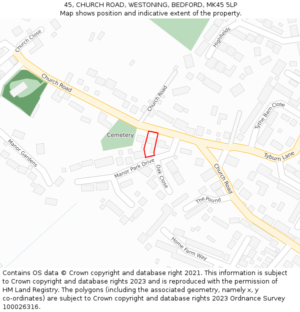45, CHURCH ROAD, WESTONING, BEDFORD, MK45 5LP: Location map and indicative extent of plot