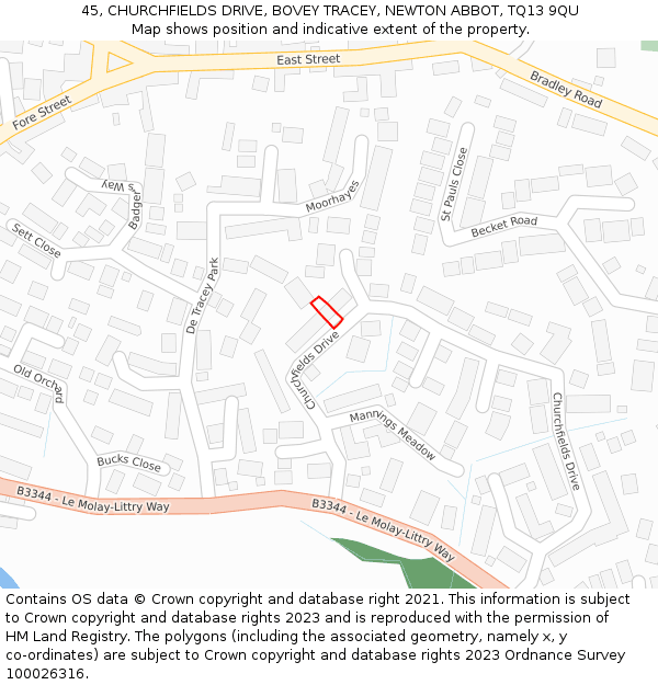 45, CHURCHFIELDS DRIVE, BOVEY TRACEY, NEWTON ABBOT, TQ13 9QU: Location map and indicative extent of plot