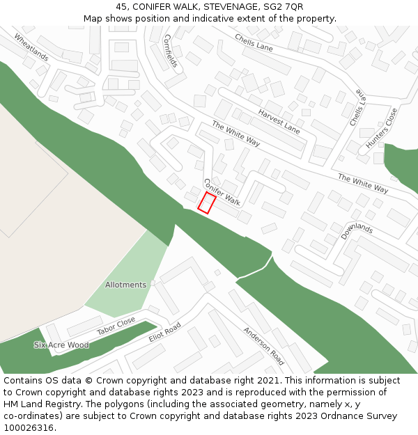 45, CONIFER WALK, STEVENAGE, SG2 7QR: Location map and indicative extent of plot