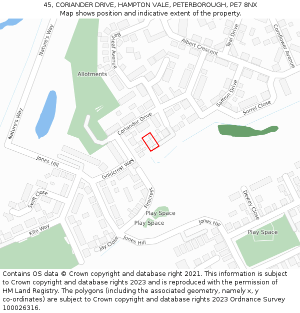 45, CORIANDER DRIVE, HAMPTON VALE, PETERBOROUGH, PE7 8NX: Location map and indicative extent of plot