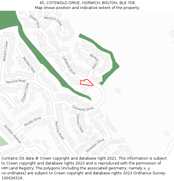 45, COTSWOLD DRIVE, HORWICH, BOLTON, BL6 7DE: Location map and indicative extent of plot