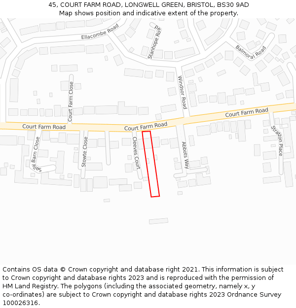 45, COURT FARM ROAD, LONGWELL GREEN, BRISTOL, BS30 9AD: Location map and indicative extent of plot