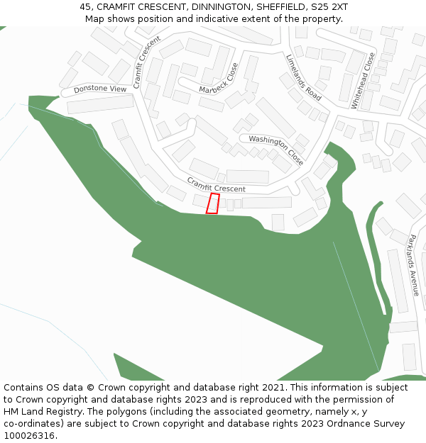 45, CRAMFIT CRESCENT, DINNINGTON, SHEFFIELD, S25 2XT: Location map and indicative extent of plot
