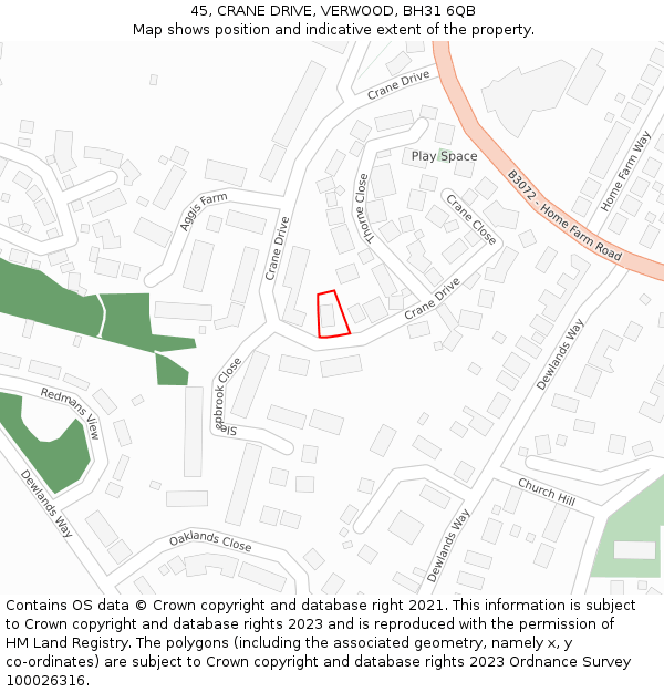 45, CRANE DRIVE, VERWOOD, BH31 6QB: Location map and indicative extent of plot