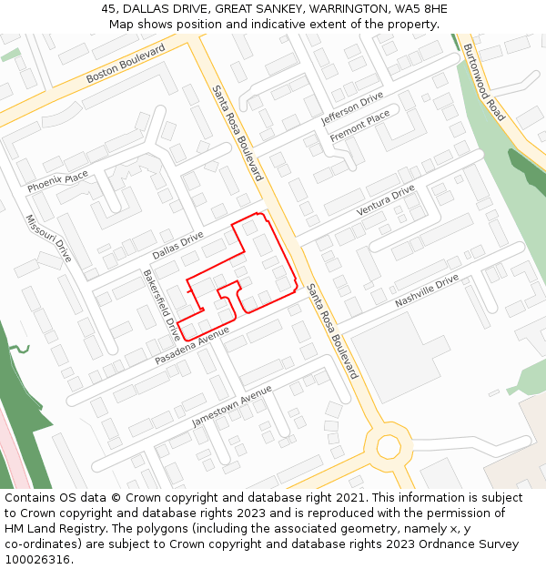 45, DALLAS DRIVE, GREAT SANKEY, WARRINGTON, WA5 8HE: Location map and indicative extent of plot