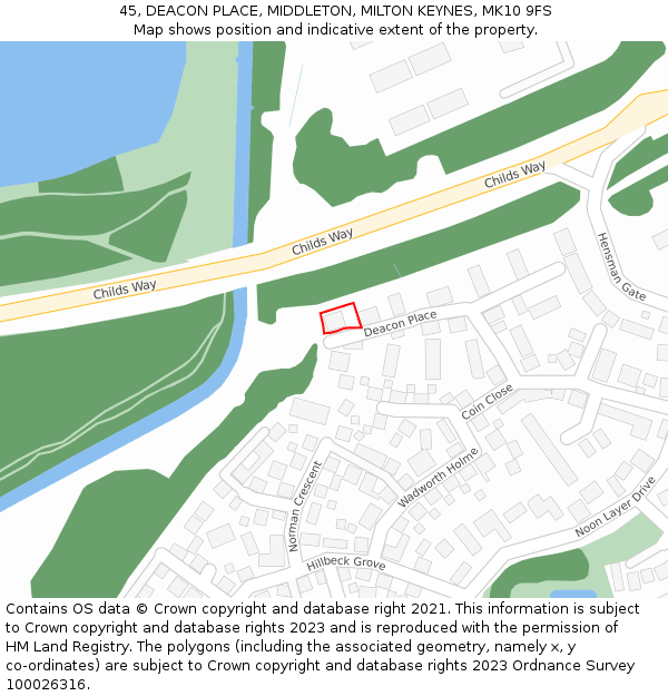 45, DEACON PLACE, MIDDLETON, MILTON KEYNES, MK10 9FS: Location map and indicative extent of plot