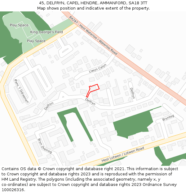 45, DELFRYN, CAPEL HENDRE, AMMANFORD, SA18 3TT: Location map and indicative extent of plot