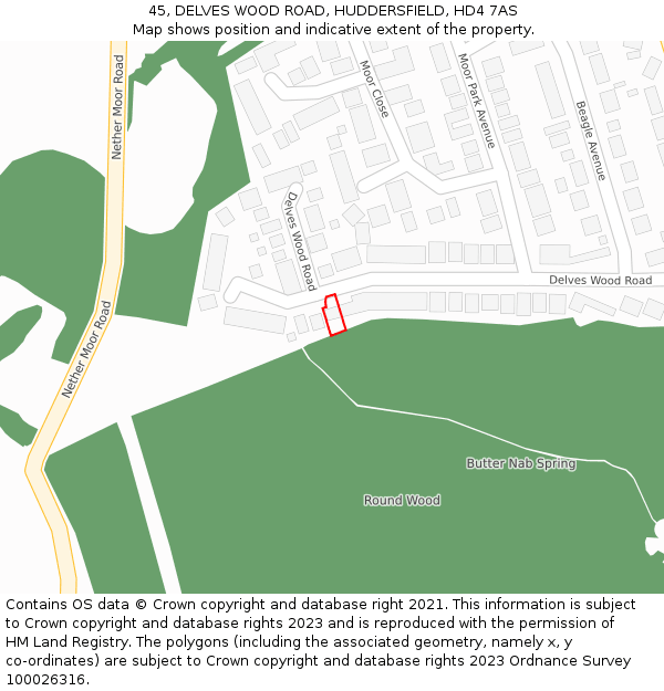 45, DELVES WOOD ROAD, HUDDERSFIELD, HD4 7AS: Location map and indicative extent of plot