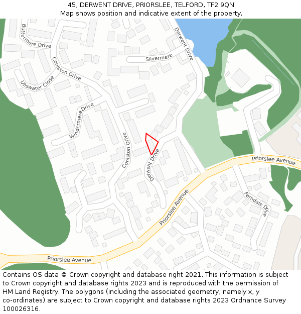 45, DERWENT DRIVE, PRIORSLEE, TELFORD, TF2 9QN: Location map and indicative extent of plot