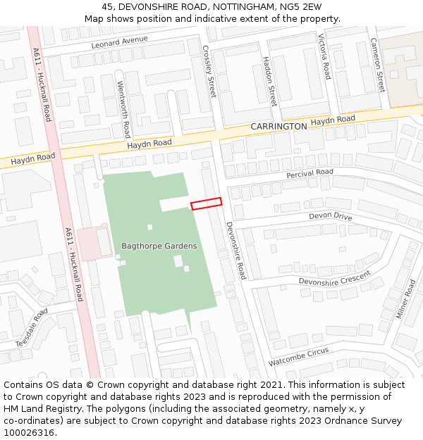 45, DEVONSHIRE ROAD, NOTTINGHAM, NG5 2EW: Location map and indicative extent of plot