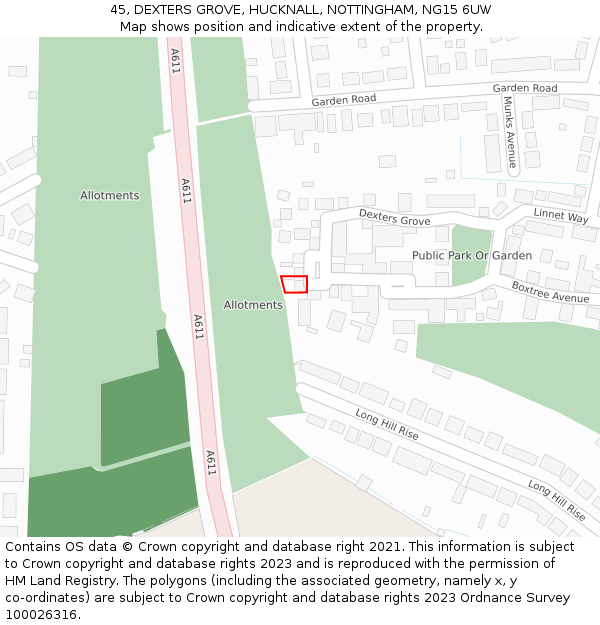 45, DEXTERS GROVE, HUCKNALL, NOTTINGHAM, NG15 6UW: Location map and indicative extent of plot