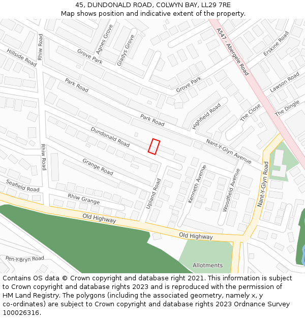 45, DUNDONALD ROAD, COLWYN BAY, LL29 7RE: Location map and indicative extent of plot