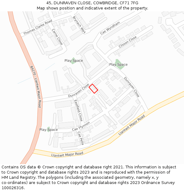 45, DUNRAVEN CLOSE, COWBRIDGE, CF71 7FG: Location map and indicative extent of plot