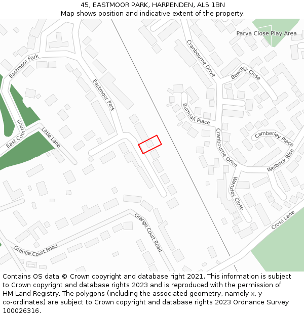 45, EASTMOOR PARK, HARPENDEN, AL5 1BN: Location map and indicative extent of plot
