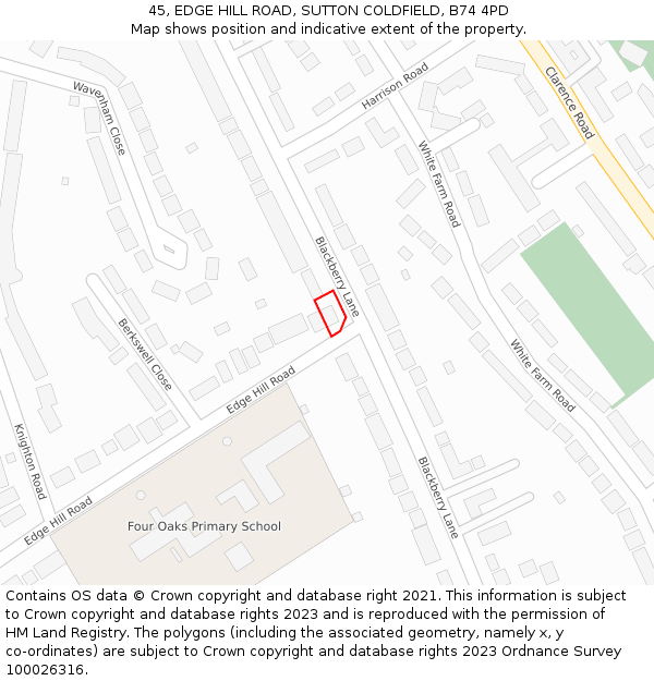 45, EDGE HILL ROAD, SUTTON COLDFIELD, B74 4PD: Location map and indicative extent of plot