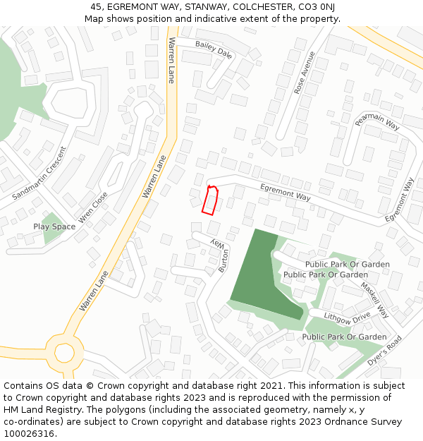 45, EGREMONT WAY, STANWAY, COLCHESTER, CO3 0NJ: Location map and indicative extent of plot
