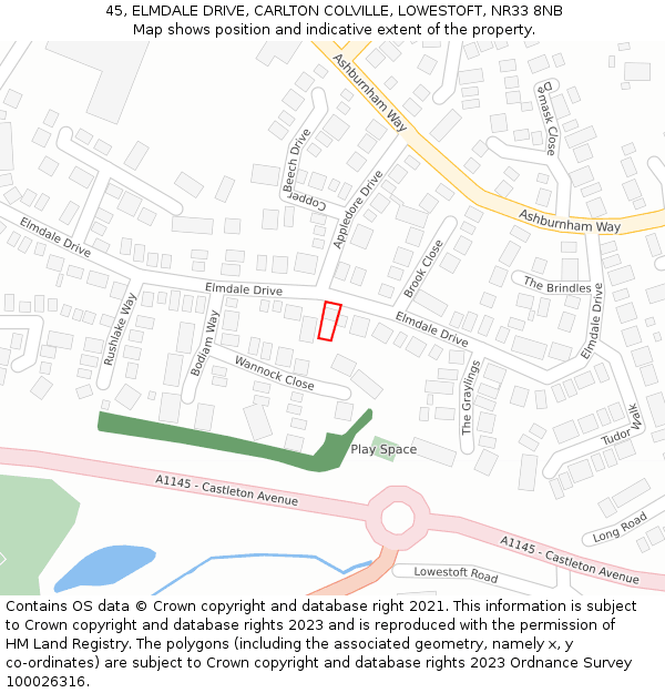 45, ELMDALE DRIVE, CARLTON COLVILLE, LOWESTOFT, NR33 8NB: Location map and indicative extent of plot