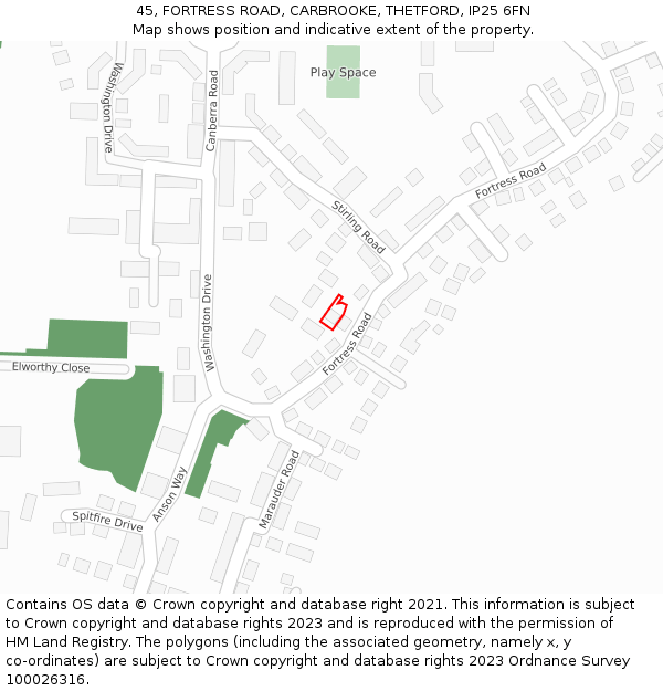 45, FORTRESS ROAD, CARBROOKE, THETFORD, IP25 6FN: Location map and indicative extent of plot
