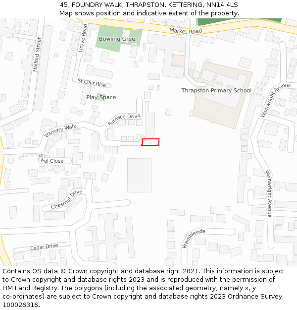 45, FOUNDRY WALK, THRAPSTON, KETTERING, NN14 4LS: Location map and indicative extent of plot